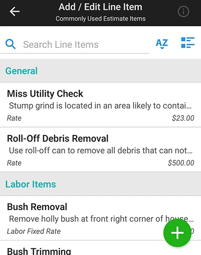 Quick Access Common Estimate Line Items